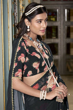 Vastranavya Black Spectacular Georgette Printed with Pearl Lace Saree with Unstitched Blouse - Distacart