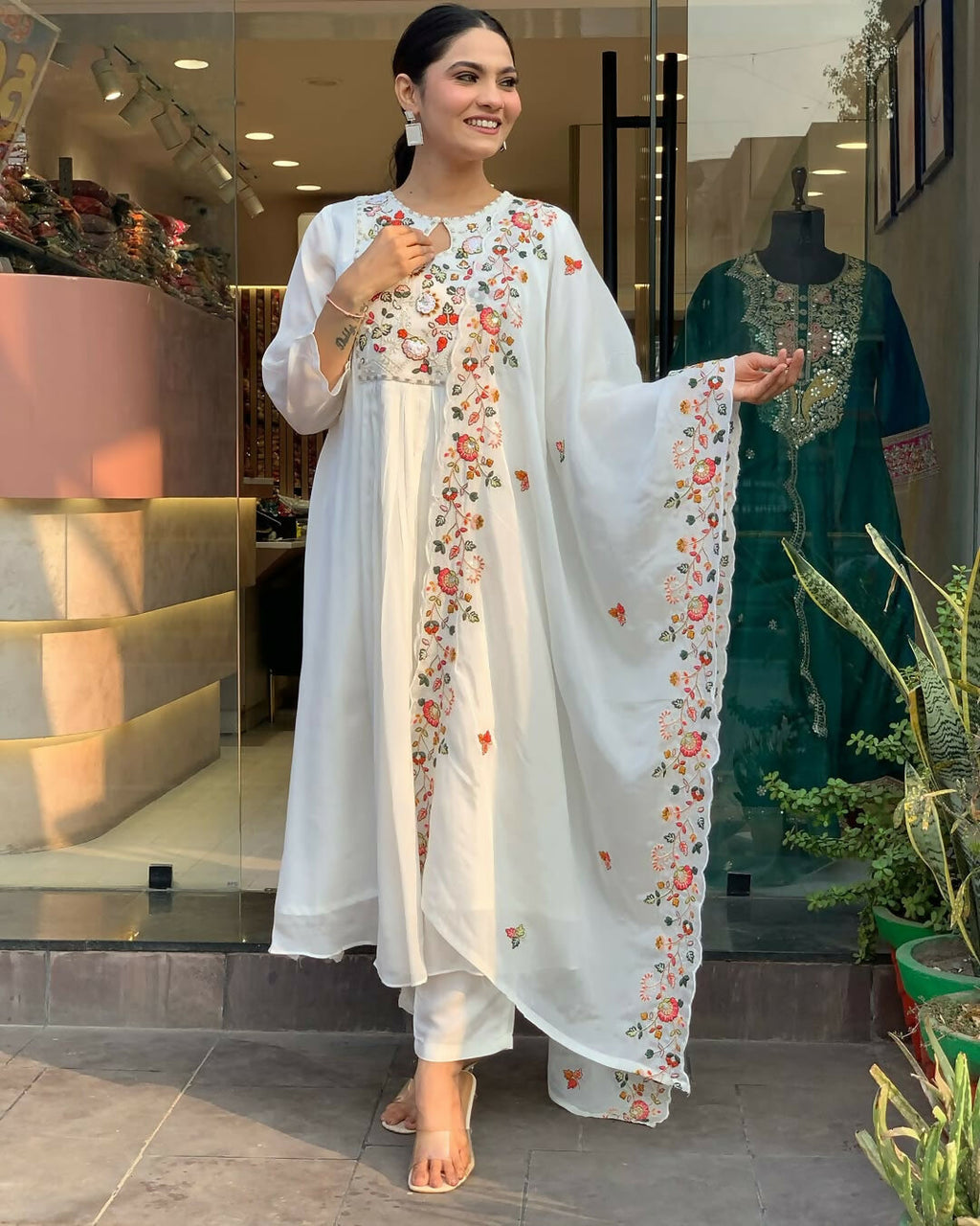 The52 White Women's Gorgeous Embroidered Viscose Chiffon Fabric Pleated Kurta Pant with Dupatta Set - Distacart