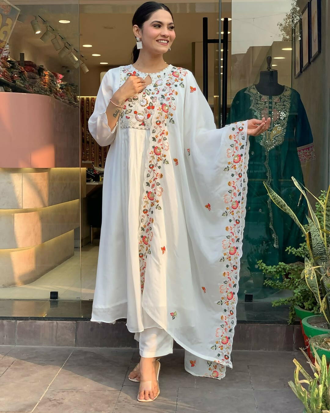 The52 White Women's Gorgeous Embroidered Viscose Chiffon Fabric Pleated Kurta Pant with Dupatta Set - Distacart