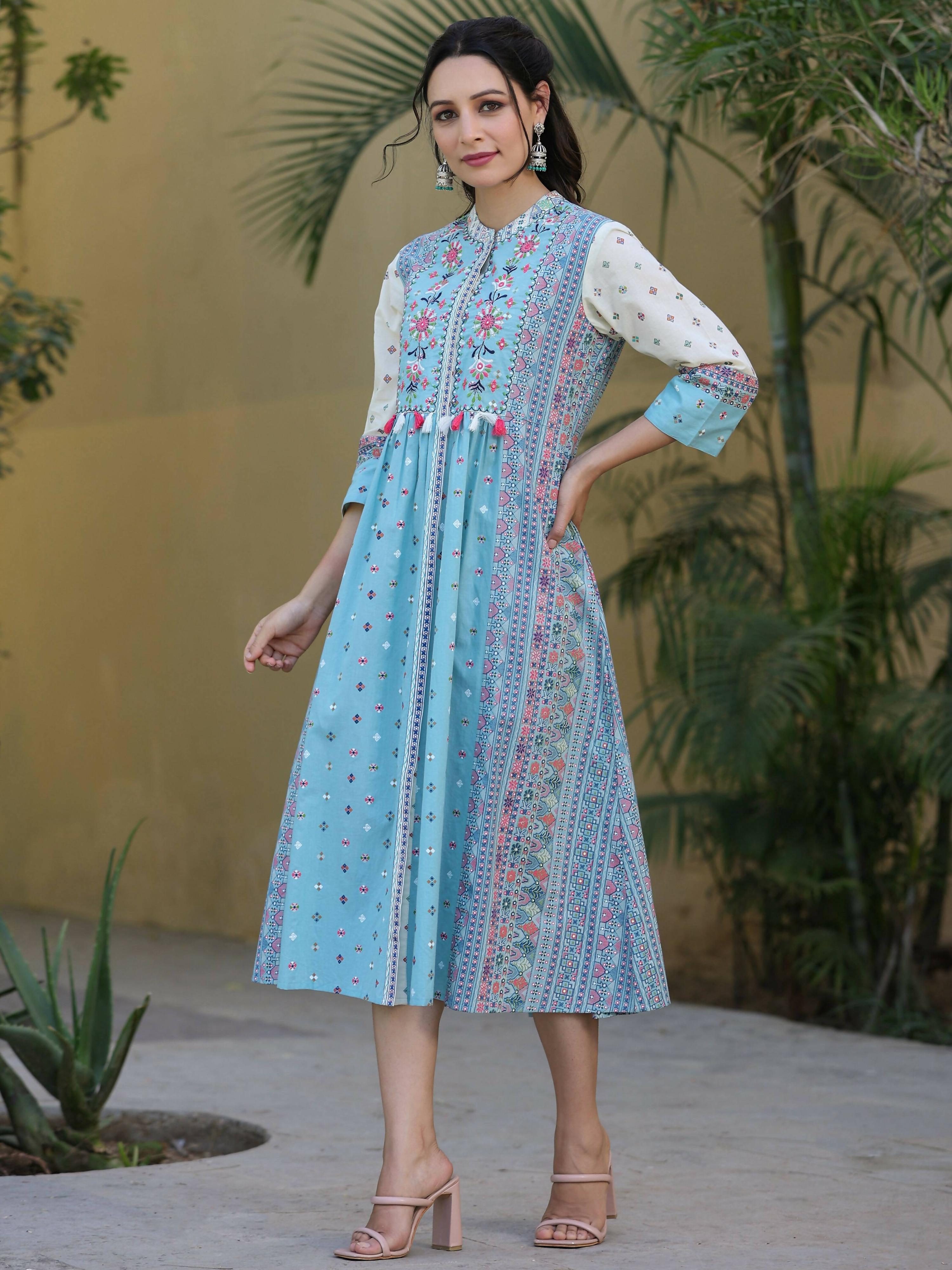 Juniper Women's Skyblue Cambric Printed Flared Dress - Distacart