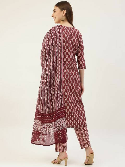 FIORRA Women's Maroon Cotton Straight Kurta Pant With Dupatta