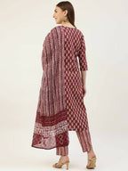 FIORRA Women's Maroon Cotton Straight Kurta Pant With Dupatta