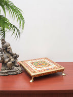 Golden Peacock Gold-Toned & Red Handcrafted Minakari Peacock Design Wooden Chowki