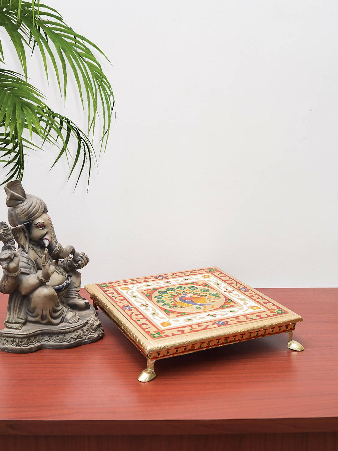 Golden Peacock Gold-Toned & Red Handcrafted Minakari Peacock Design Wooden Chowki