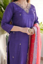 The52 Purple Women's Gorgeous Embroidered Vichitra Fabric Straight Kurta Pant with Dupatta Set - Distacart