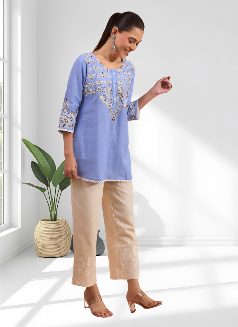 Joban Fashion Sky Blue Cotton, Linen Embroidered Readymade Tunic - Distacart