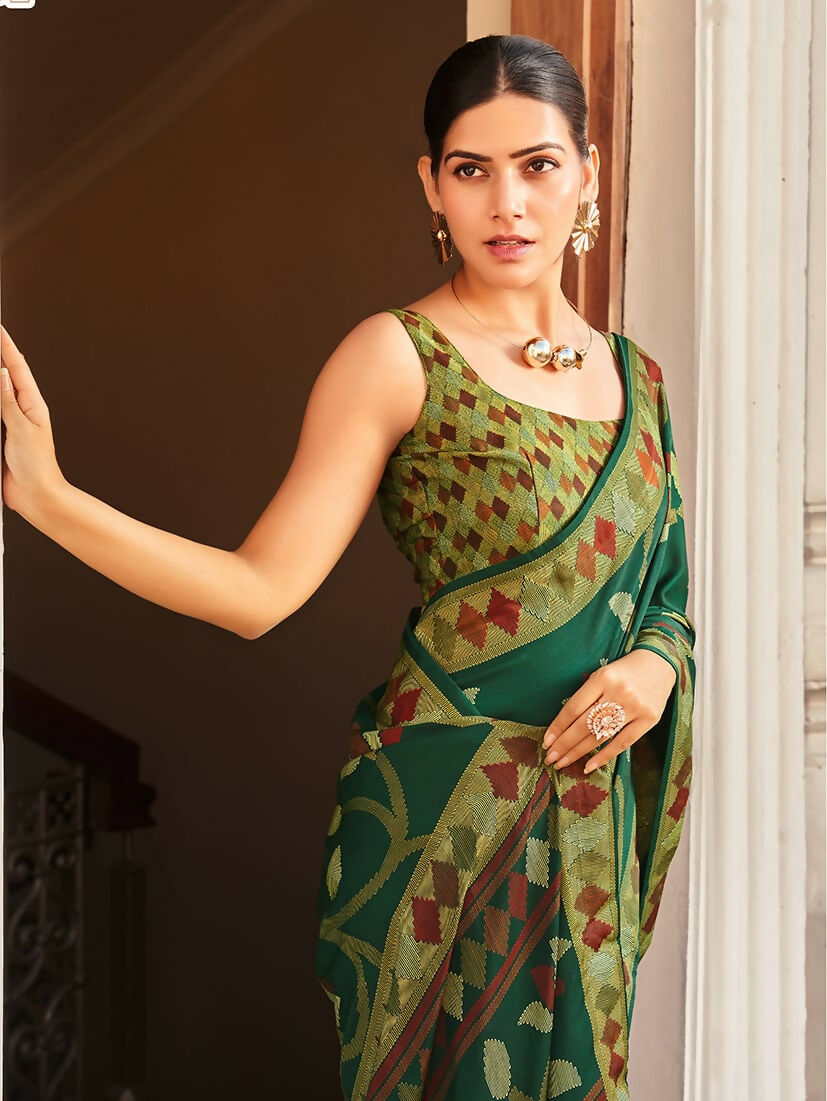 Monjolika Fashion Silk Blend Green Printed Saree - Distacart