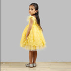 Pink Cow Fashions Yellow Dress With Net Layer At Bottom & Frill Sleeves