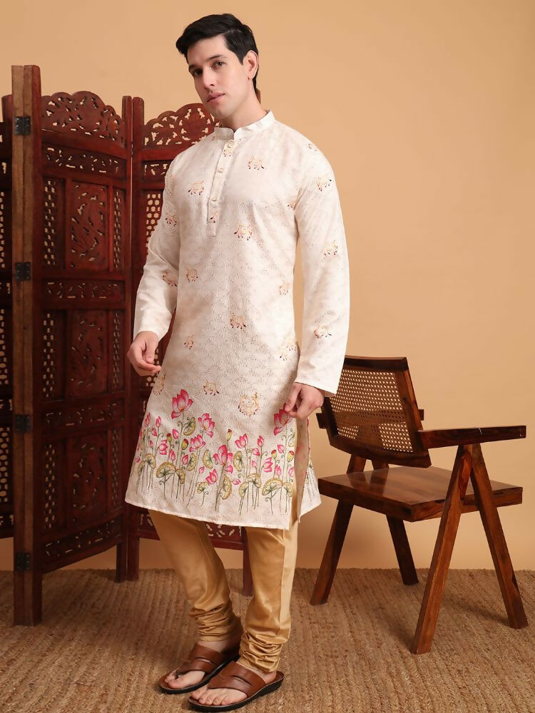 Cream Cotton Printed Chikankari Embroidery Work Kurta - Mahotsav