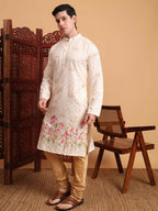 Cream Cotton Printed Chikankari Embroidery Work Kurta - Mahotsav