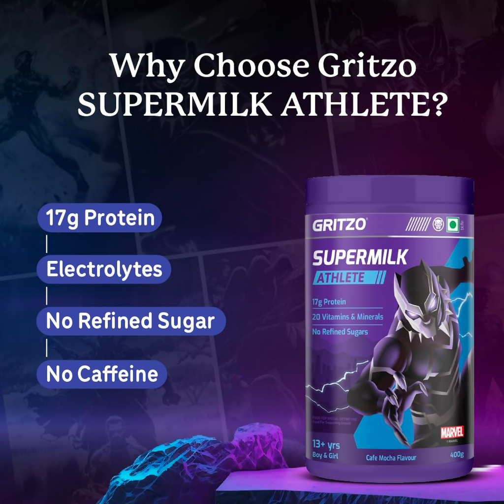 Gritzo SuperMilk Athlete Black Panther (13+y Boy & Girl), 17g Protein Powder (Cafe Mocha)