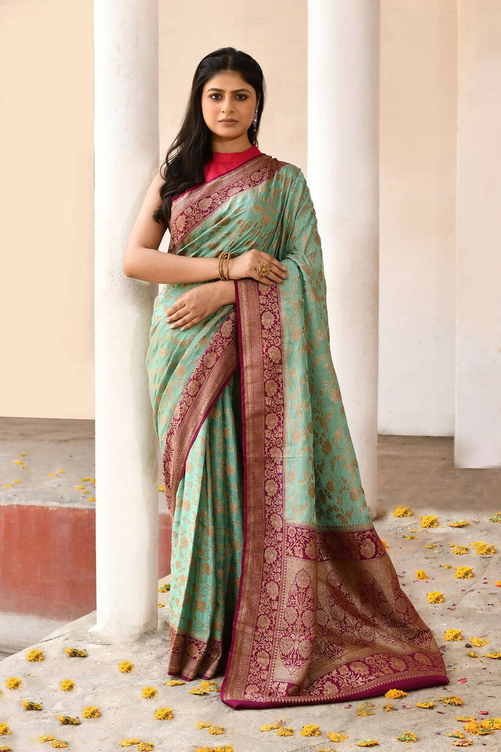 Joban Fashion Aqua Crepe Chiffon Pure Handloom Banarasi Silk Saree