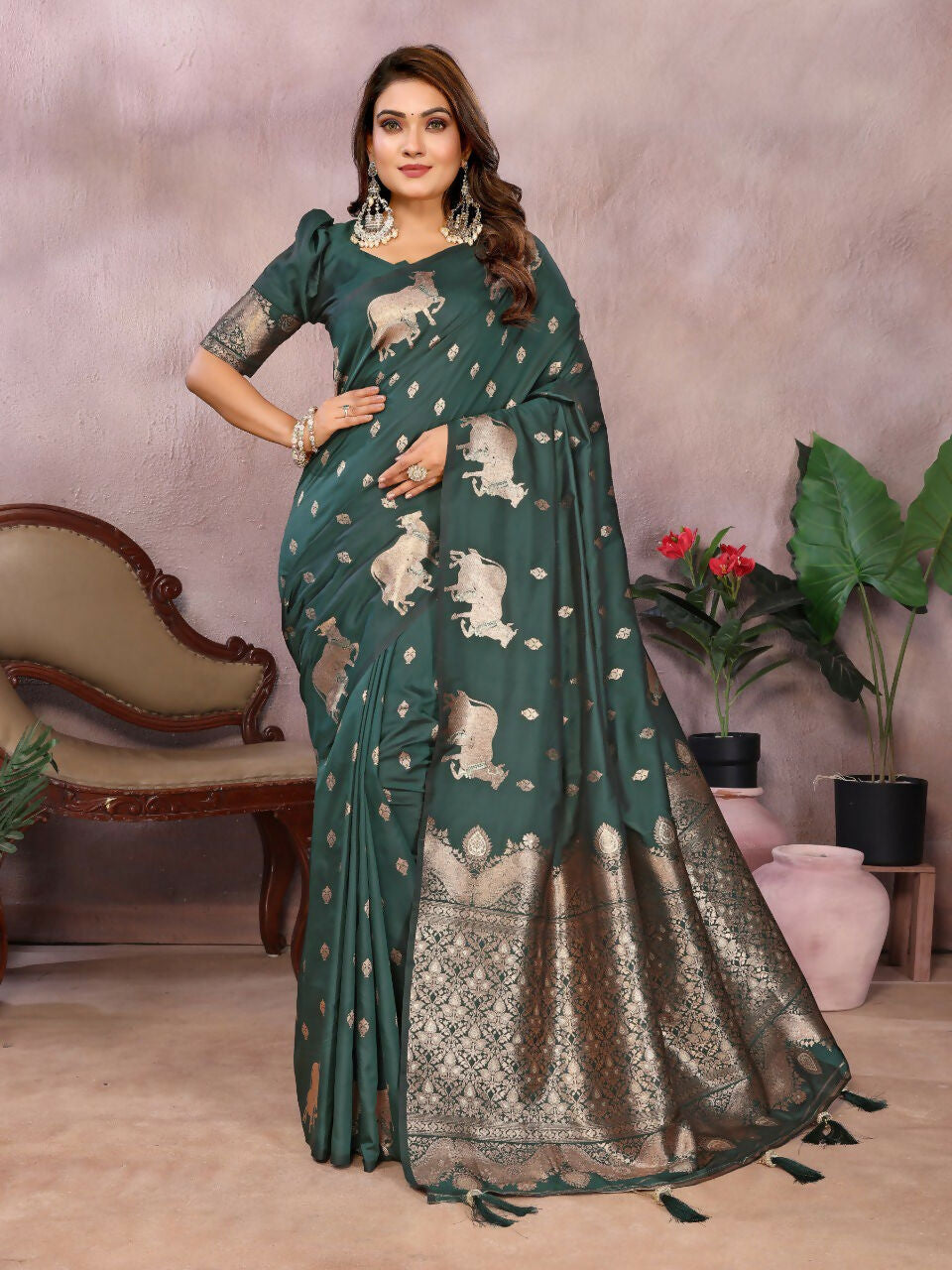 Anaita Dark Green Premium Banarasi Tissue Silk Saree With Gala Weaving Work - Distacart