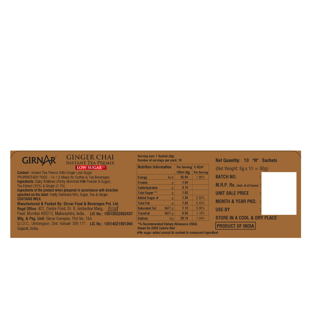 Girnar Instant Tea Premix With Ginger (Low Sugar) - Distacart