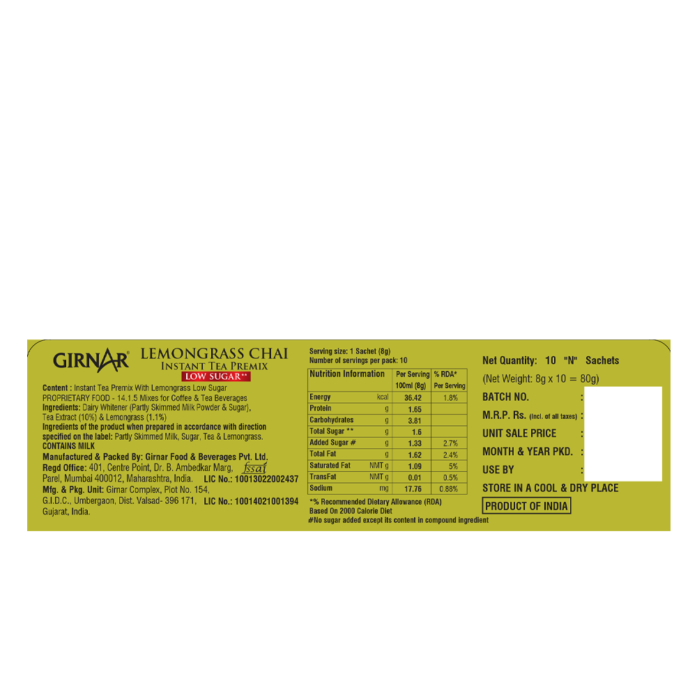 Girnar Instant Tea Premix With Lemongrass (Low Sugar) - Distacart