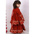 Little Bansi Girls Maroon Color Brocade patch work Kurta Frock with Sharara and Dupatta