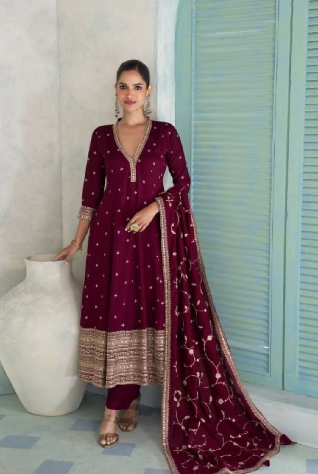 Anaita Maroon Chinon Anarkali Suit with Embroidery Sequins Work - Distacart