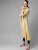 Yufta Women Beige & Off White Striped Thread Work A-Line Kurta With Belt