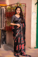 Black Silk Blend Ethnic Motifs Saree with Unstitched Blouse - A2M