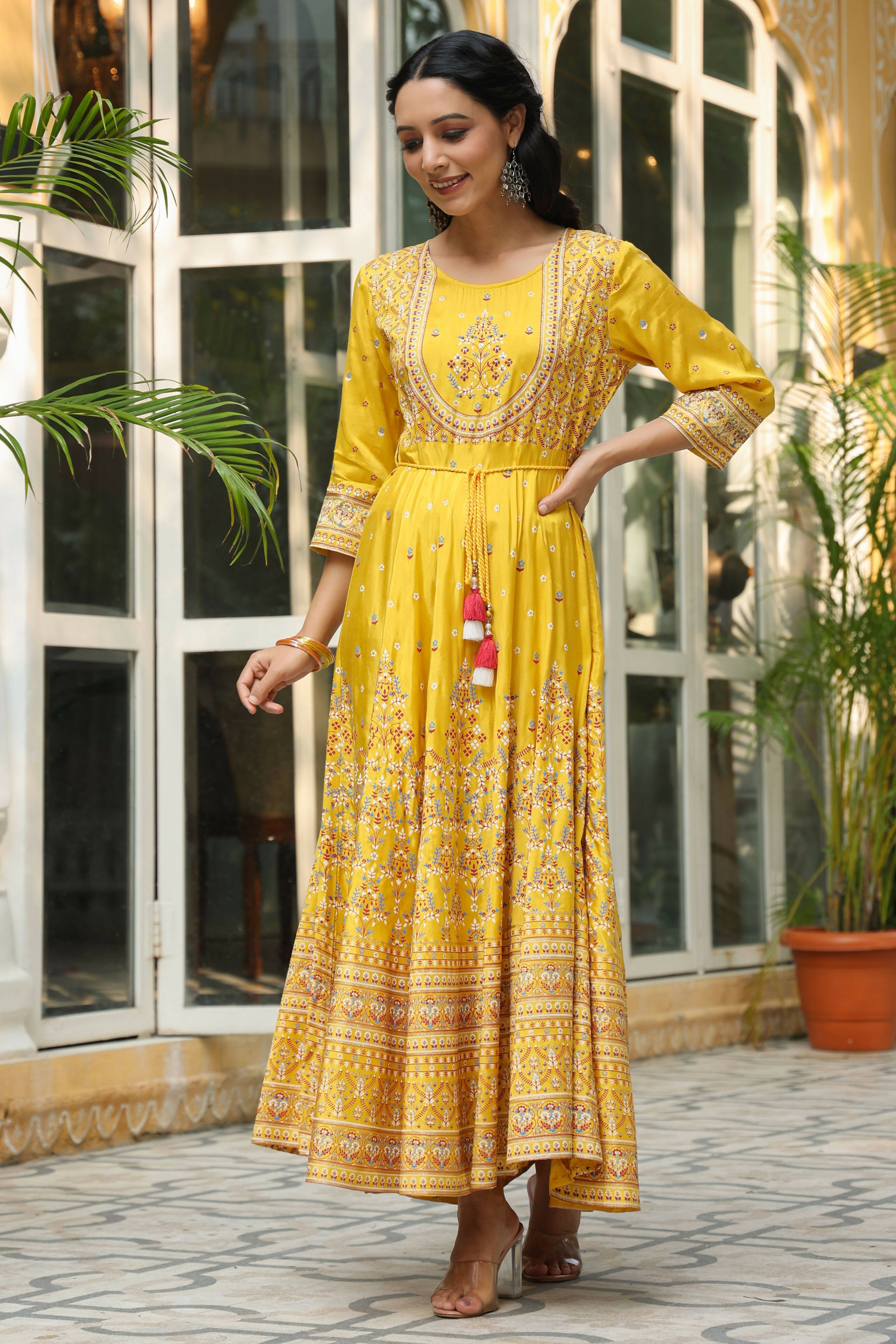 Juniper Women's Mustard Viscose Shantoon Festive Printed Flared Dress - Distacart