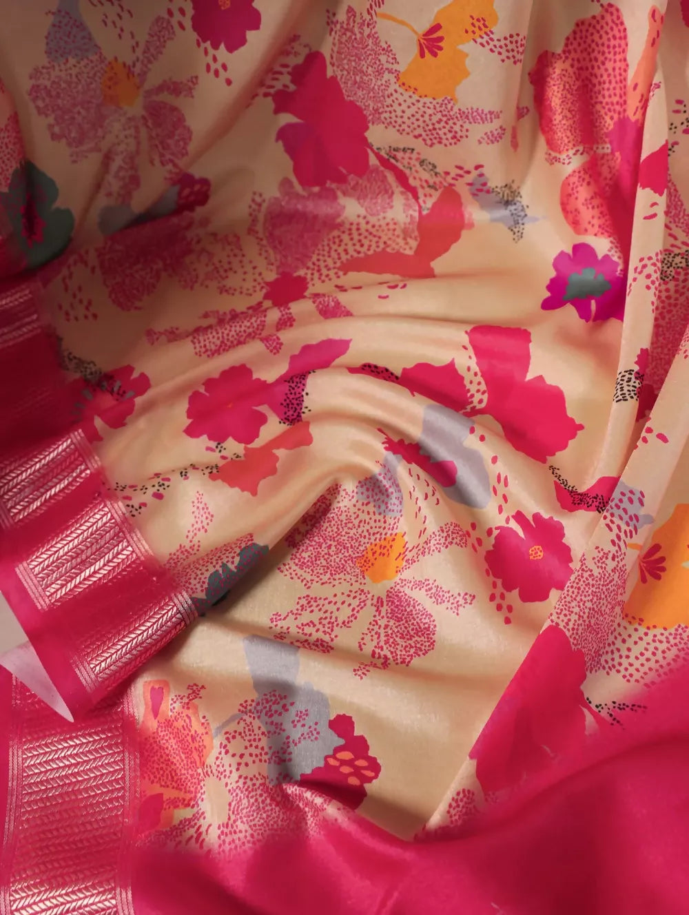 Vastranavya Cream Tussar Silk Printed with Viscose Border Saree with Unstitched Blouse - Distacart