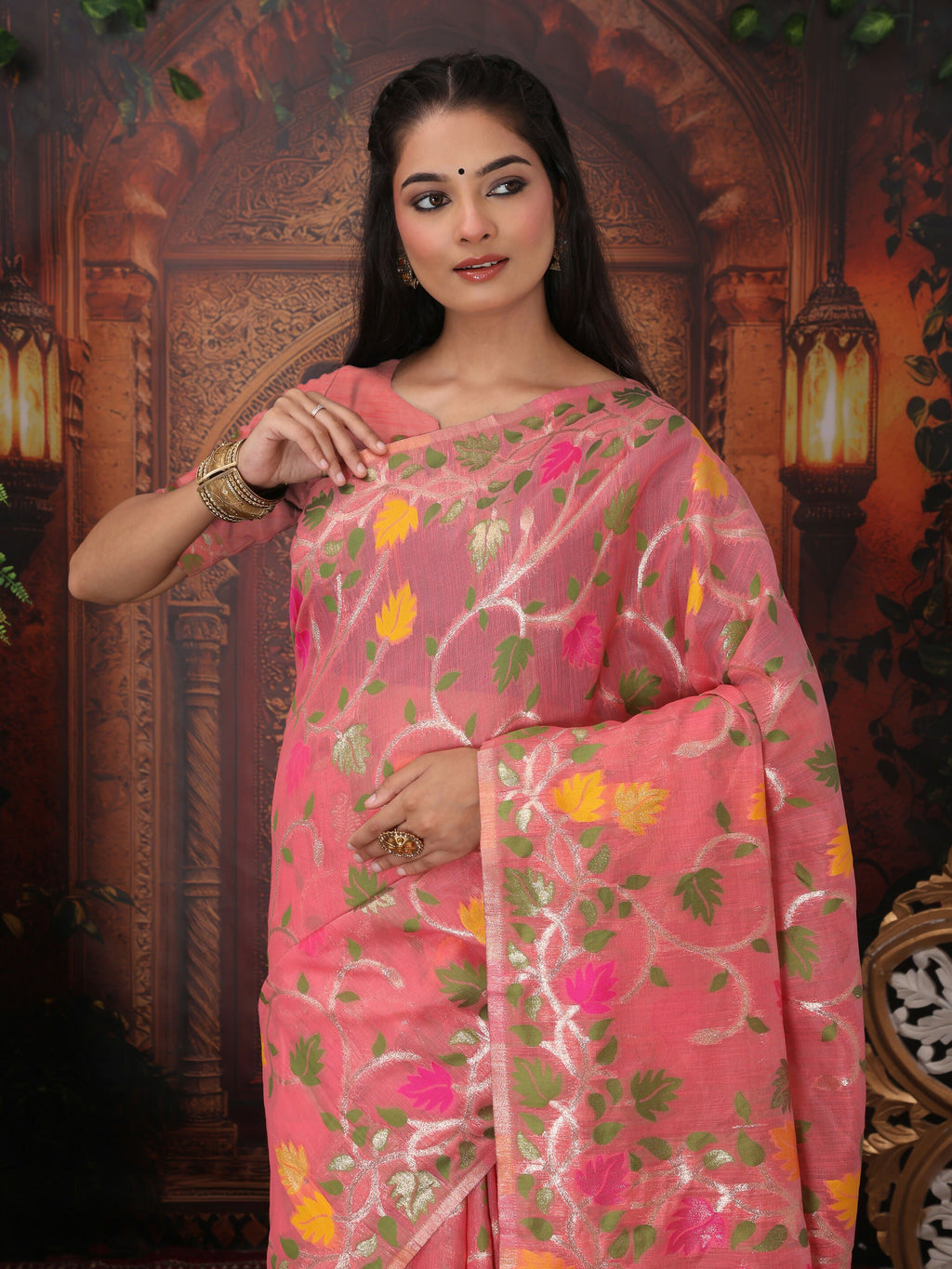 Shree Shyam Fashion Linen Cotton Pink Saree - Distacart