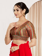 Joban Fashion Red Multi Brocade Padded Blouse With V Neck Elbow Sleeves - Distacart