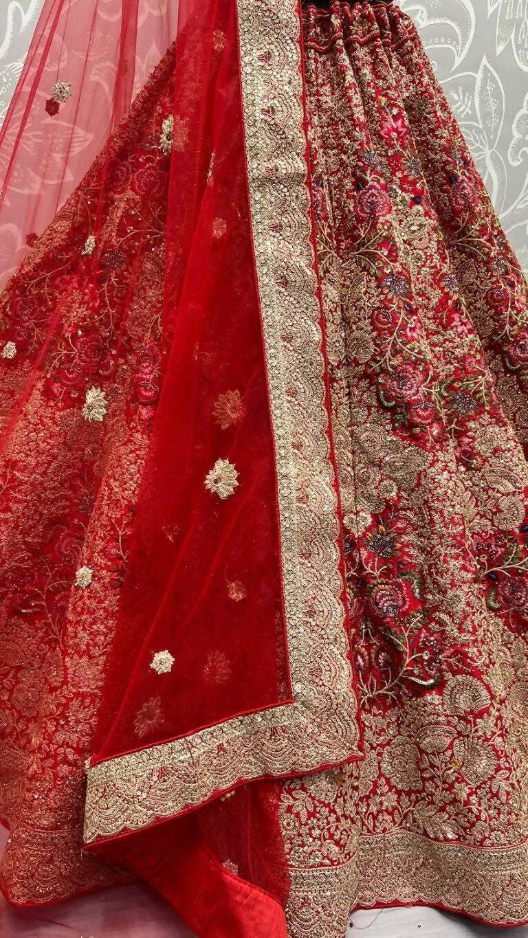 Jyoti Fashion Women's Red Silk Fancy Dori & Sequins Multi Thread Embroidered with Diamond Work Wedding Lehenga Choli