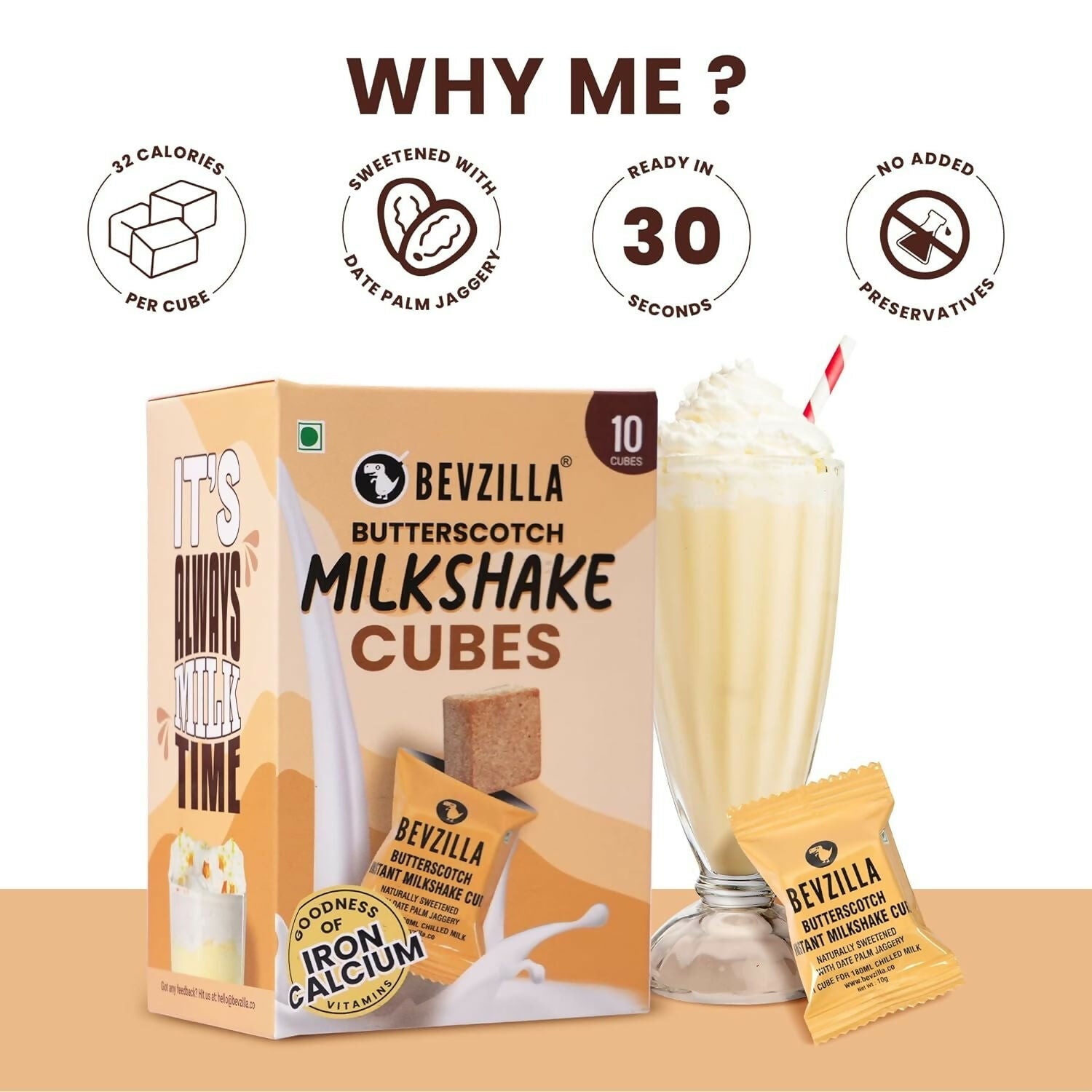 Bevzilla Butterscotch Instant Milkshake Cubes with Organic Date Palm Jaggery - Distacart