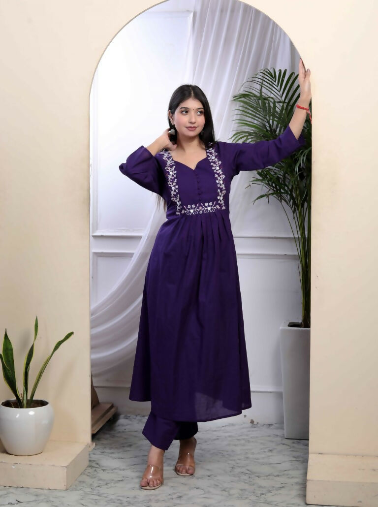Miravan Women's Purple Embroidered Sweetheart Neck & Accordion Pleated Solid A-Line Kurta And Palazzo Set