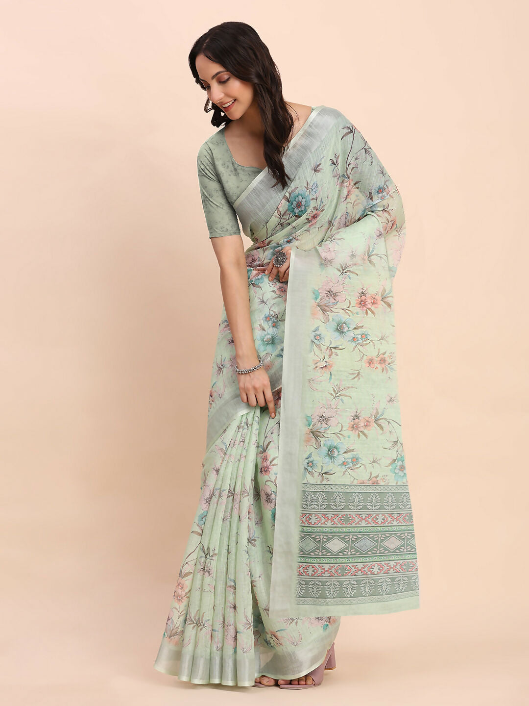 Shree Shyam Fashion Linen Cotton Light Green Saree - Distacart