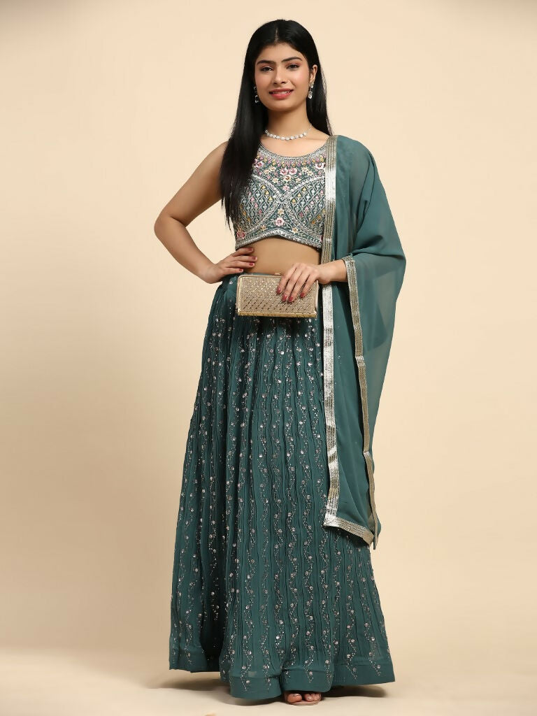 Green Georgette Embroidered Lehenga choli with Dupatta - Dhara