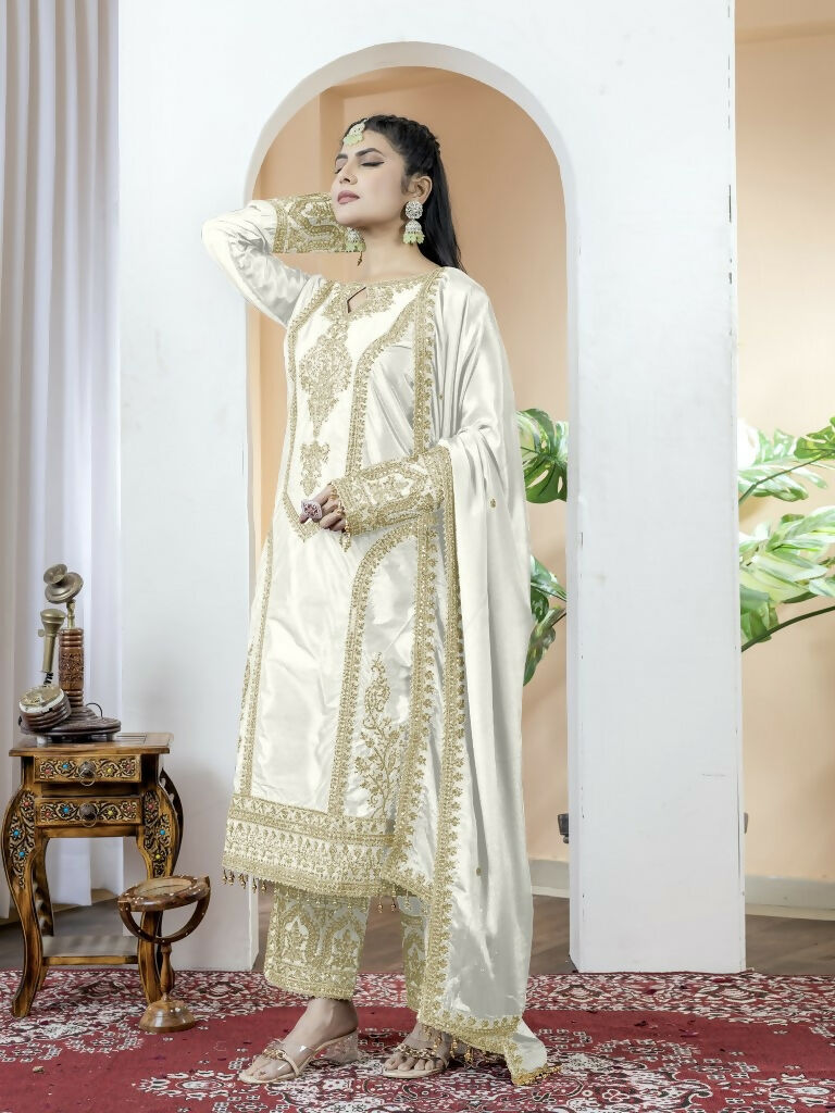 Teeya Creation White Color Chinnon Silk Embroidery Work Fully Stitched Salwar Suit - Distacart