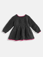 Chutput Kids Woollen Hand Knitted Full Sleeves Lilium Detail Dress For Baby Girls - Grey