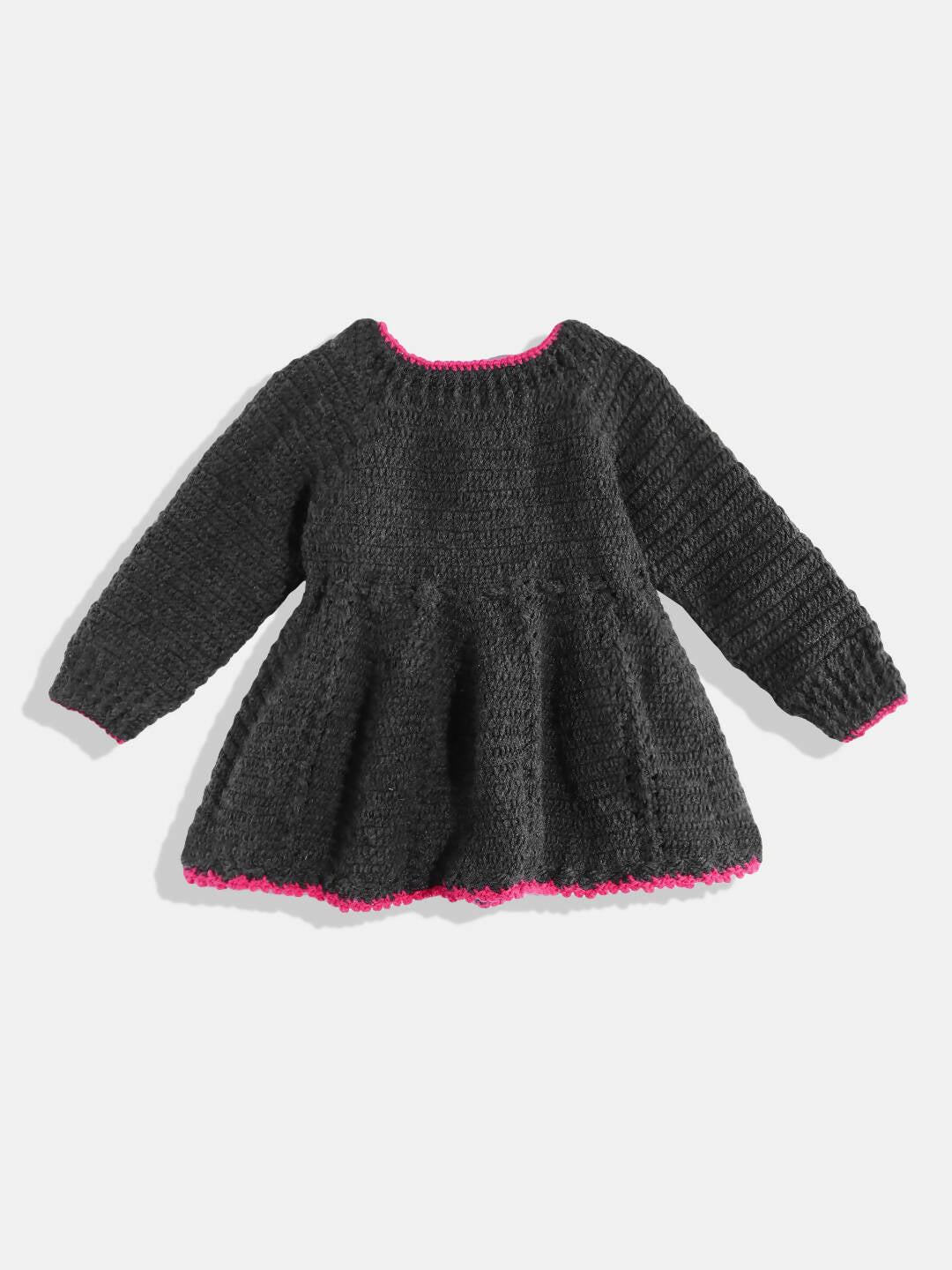 Chutput Kids Woollen Hand Knitted Full Sleeves Lilium Detail Dress For Baby Girls - Grey