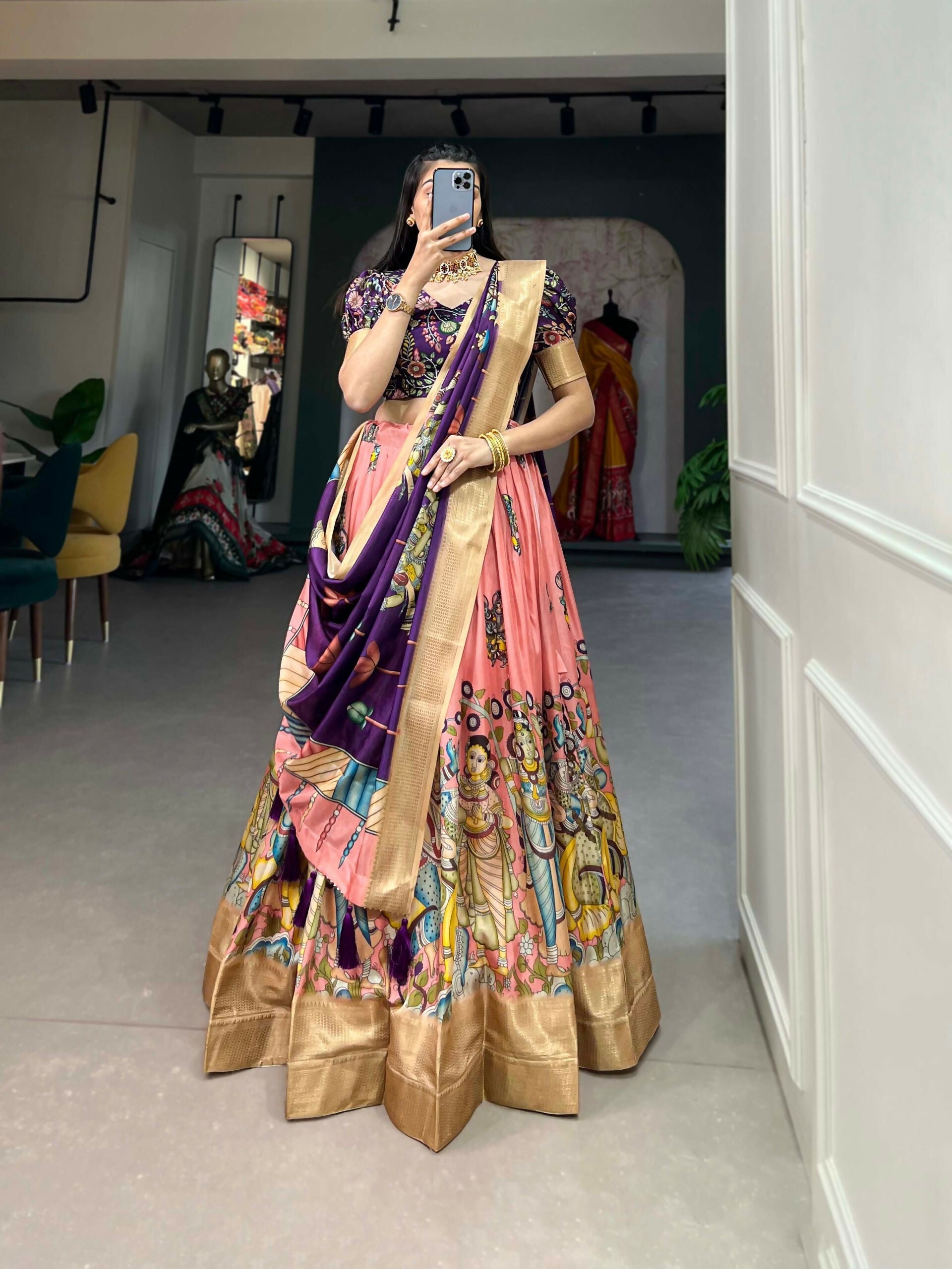 Vastranavya Kalamkari Print With Weaving Border Lehenga with Unstitched Blouse - Peach