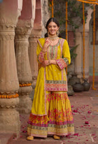 Anaita Yellow Chinon Readymade Palazzo Suit with Codding Dori & Sequence Work - Distacart