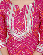 Miravan Women's Pink Bandhani Printed Straight Kurta with Palazzo & Dupatta