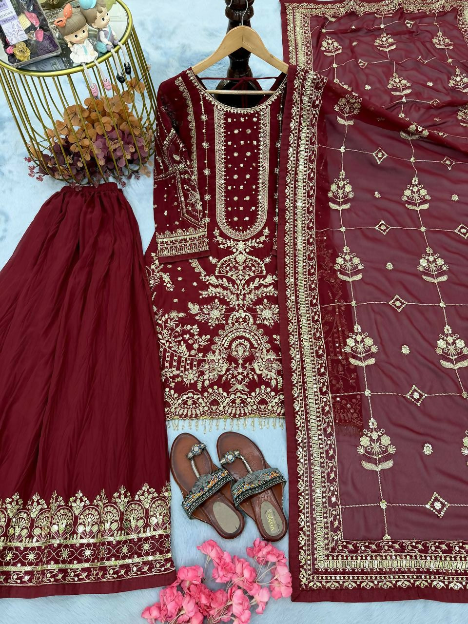 Teeya Creation Maroon Faux georgette Designer heavy work Wedding Wear Palazzo pair - Distacart
