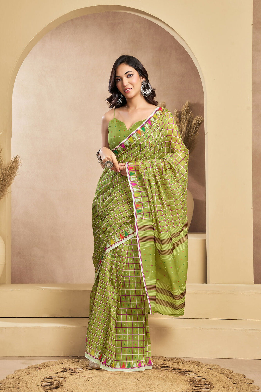 Vastranavya Mehendi Digital Printed Linen Ready To Wear Designer Saree with Unstitched Blouse - Distacart