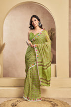 Vastranavya Mehendi Digital Printed Linen Ready To Wear Designer Saree with Unstitched Blouse - Distacart