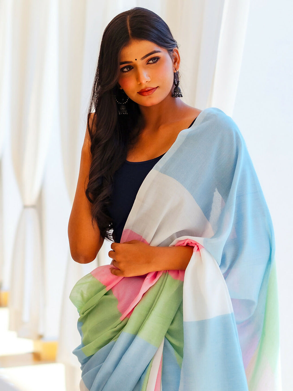 Zibaa Hand-Dyed Mul Cotton Multi-color Saree with Tassels - Distacart