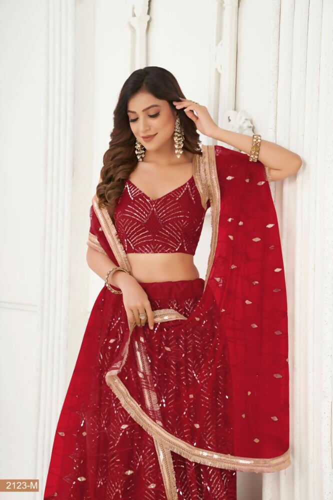 Aastha Fashion Maroon Butterfly Net Tone To Tone Thread Work, Sequence Work And Original Mirror Work Embroidery Wedding Wear Lehenga Choli
