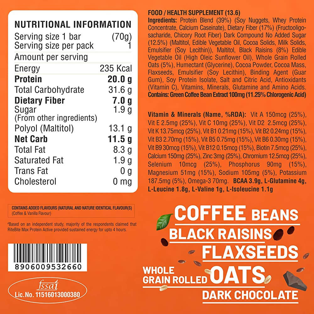 RiteBite Max Protein Active Green Coffee Beans Bar - Distacart