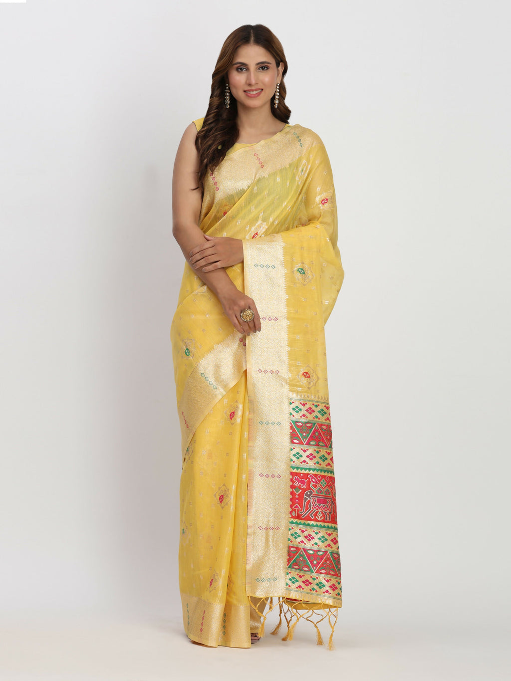Shree Shyam Fashion Linen Cotton Yellow Saree - Distacart