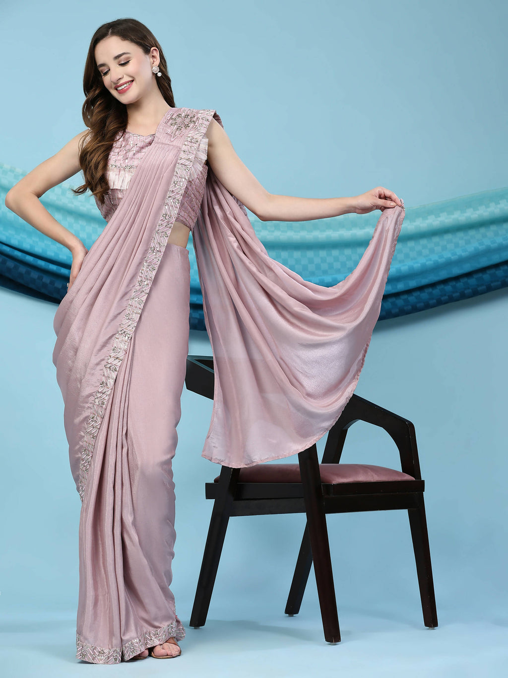 Pink Silk Satin Solid Ready to wear Saree with stitched Blouse - Satiksha