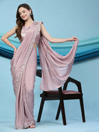 Pink Silk Satin Solid Ready to wear Saree with stitched Blouse - Satiksha