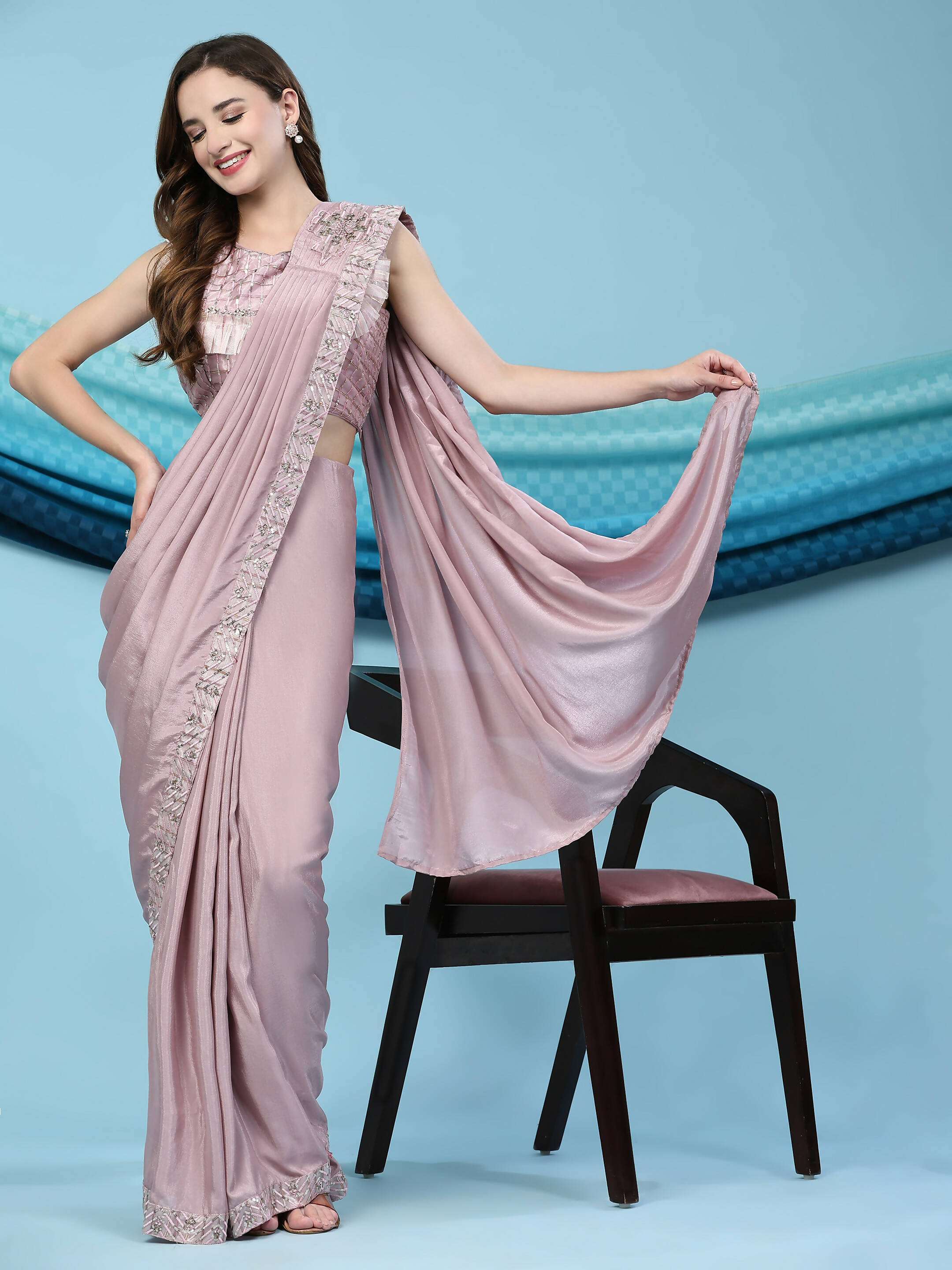 Pink Silk Satin Solid Ready to wear Saree with stitched Blouse - Satiksha