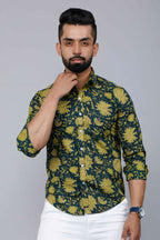 Miravan Men's Cotton Printed Full Sleeve Slim Fit Spread Neck Green Shirt