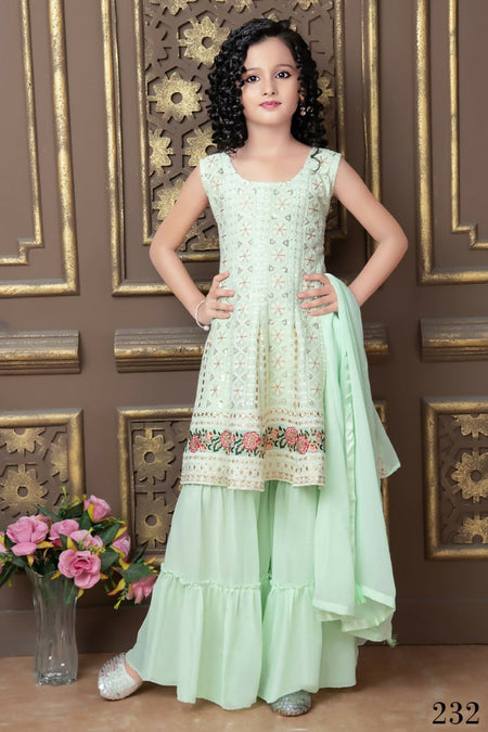 Kids Wedding Designer Pista Faux Georgette Sharara Suit - Aaradhna